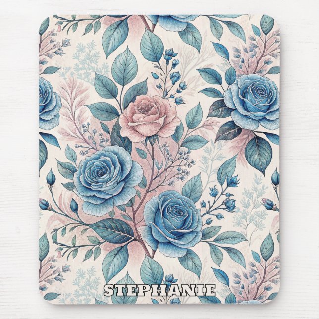 Blue & Pink Rose Pattern on Soft Pinkish-White Mouse Pad (Front)