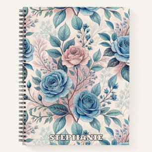Blue & Pink Rose Pattern on Soft Pinkish-White Notebook