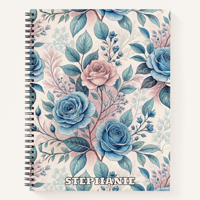 Blue & Pink Rose Pattern on Soft Pinkish-White Notebook (Front)