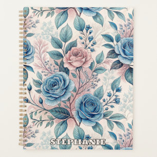 Blue & Pink Rose Pattern on Soft Pinkish-White Planner