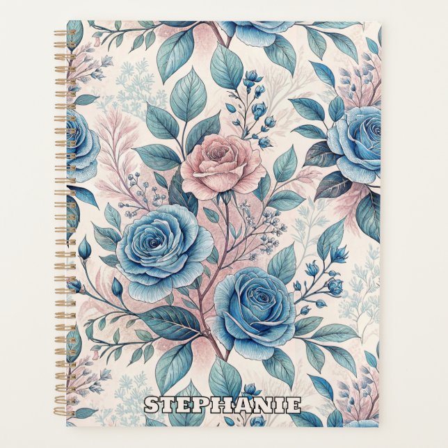 Blue & Pink Rose Pattern on Soft Pinkish-White Planner (Front)