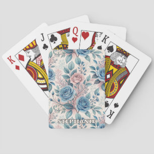 Blue & Pink Rose Pattern on Soft Pinkish-White Playing Cards