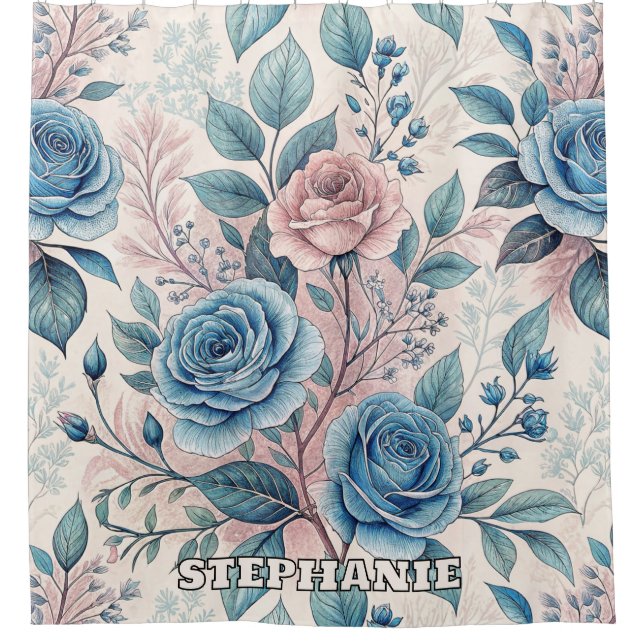 Blue & Pink Rose Pattern on Soft Pinkish-White Shower Curtain (Front)