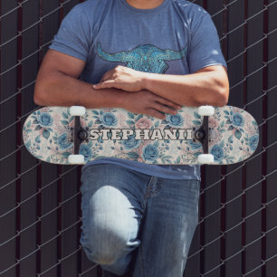 Blue & Pink Rose Pattern on Soft Pinkish-White Skateboard