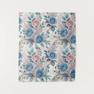 Blue & Pink Rose Pattern on Soft Pinkish-White Tapestry