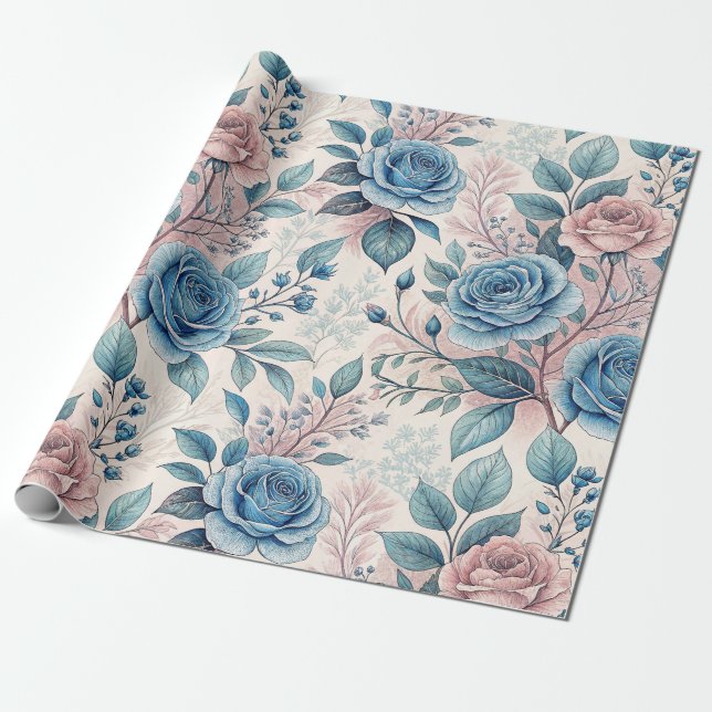Blue & Pink Rose Pattern on Soft Pinkish-White Wrapping Paper (Unrolled)