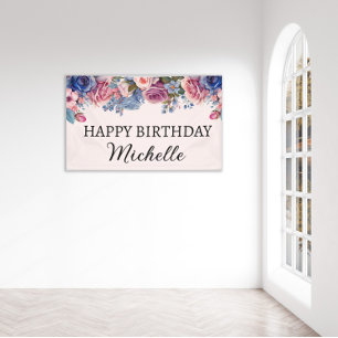 Blue Pink Roses Floral Botanical Happy Birthday Banner