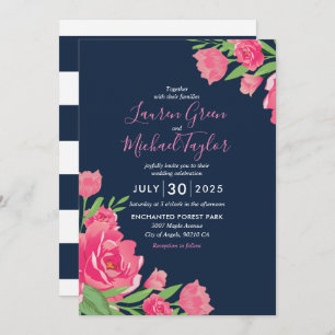 Blue Pink Roses Flower Bouquet Floral Wedding Invitation