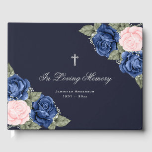 Blue Pink Roses Silver Floral Memorial Funeral Guest Book