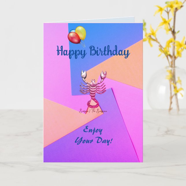 Blue Pink Scorpion Birthday Card (Yellow Flower)