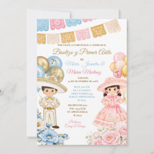Blue & Pink Siblings Bautizo y primer anito Floral Invitation