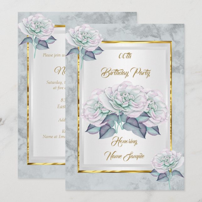 Blue Pink Silver Rose Gold Birthday Party Invite (Front/Back)