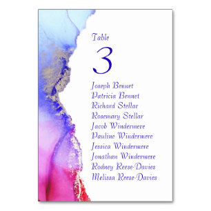 Blue Pink Silver Wedding Reception Table Number