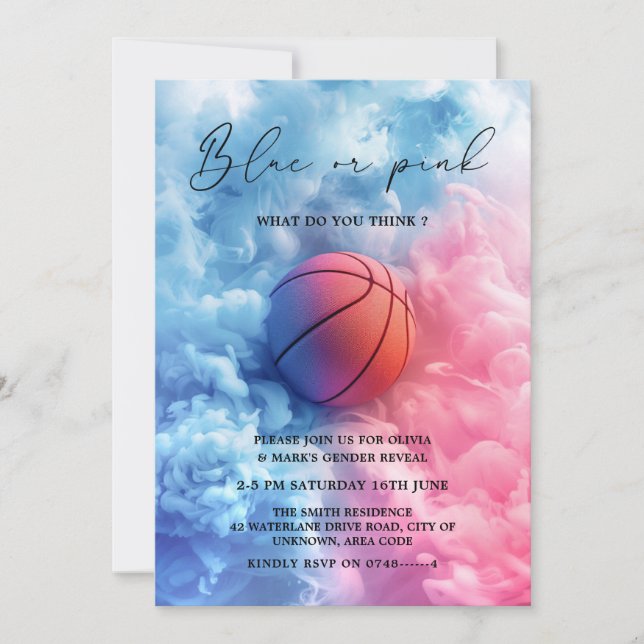 Blue Pink Smoke Basketball Sport Gender Reveal Invitation (Front)