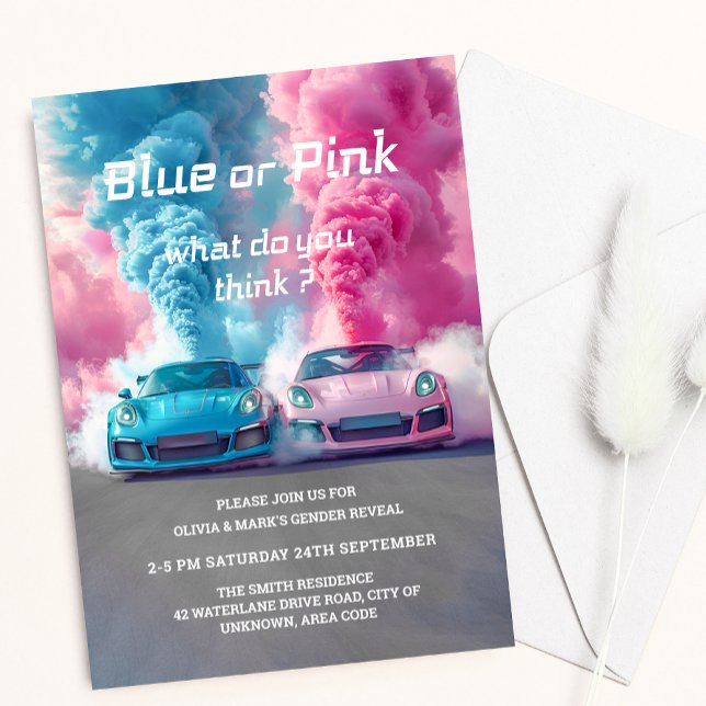 Blue Pink Smoke Race Car Burnouts Gender Reveal Invitation (Creator Uploaded)