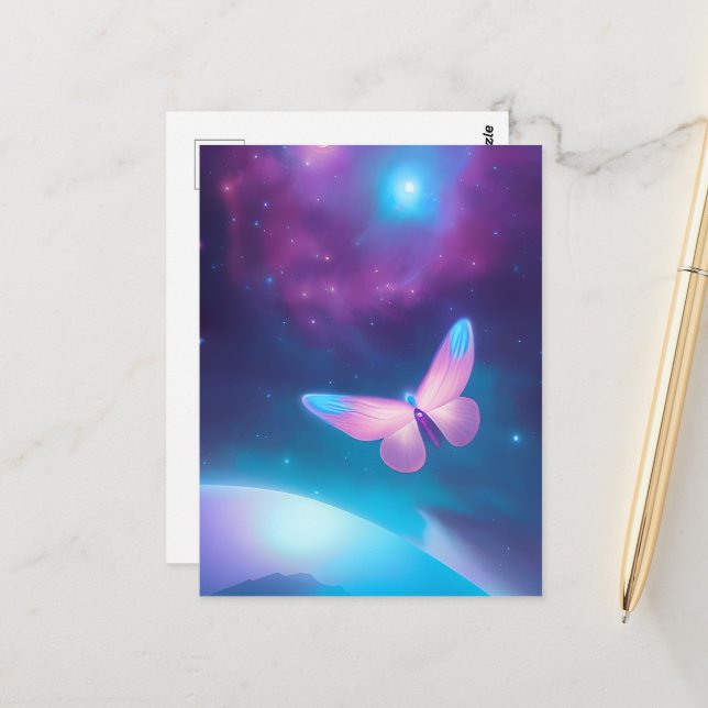 Blue & Pink Space Butterfly Postcard (Front/Back In Situ)