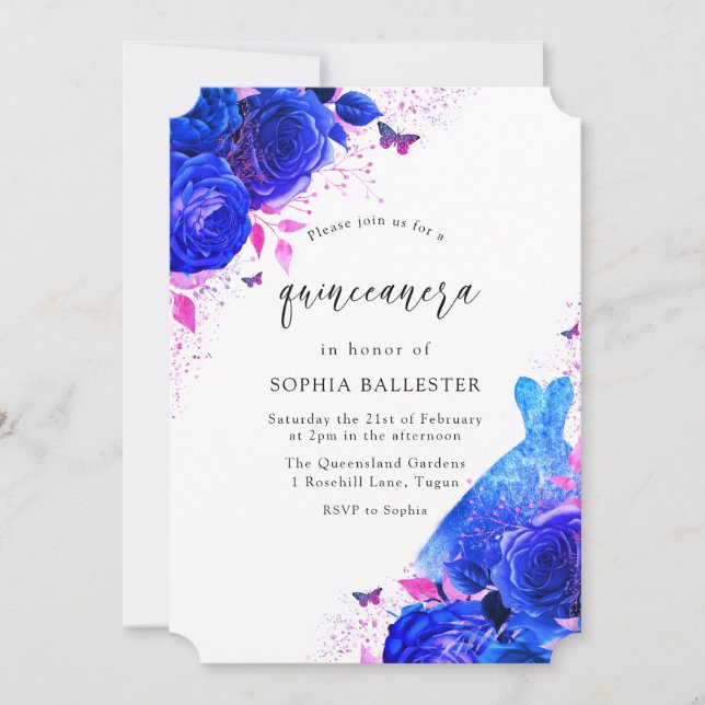 Blue & Pink Sparkle Dress Roses Quinceanera Party Invitation (Front)