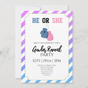 Blue Pink Stripes Boxing Gender Reveal Party Invitation