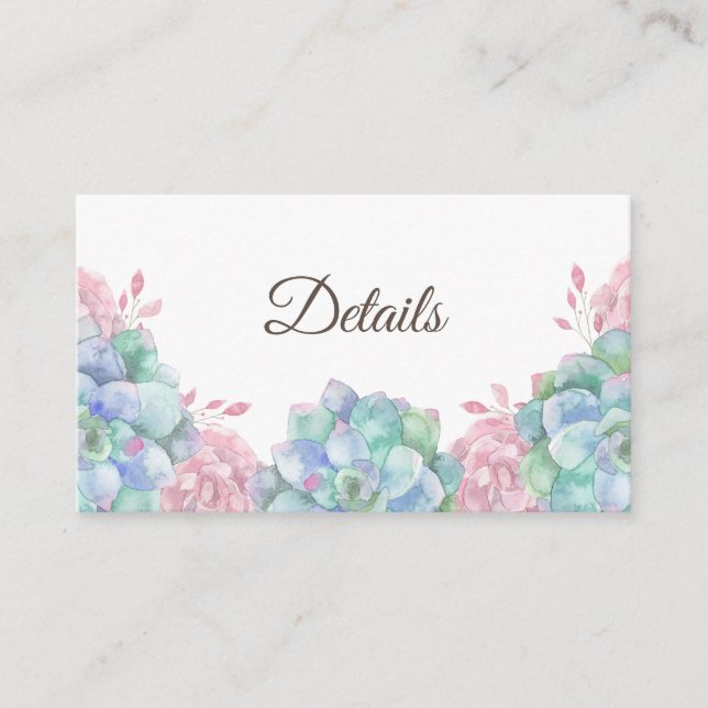 Blue pink succulents. Cactus wedding details Enclosure Card (Front)