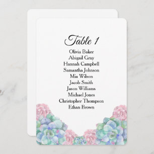Blue pink succulents. Wedding seating charts Invitation