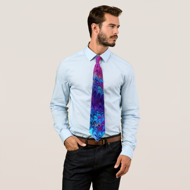 Blue Pink Teal Abstract Marbling Ebru Art Tie (In Situ)