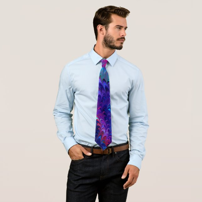 Blue Pink Teal Abstract Marbling Ebru Art Tie (In Situ)