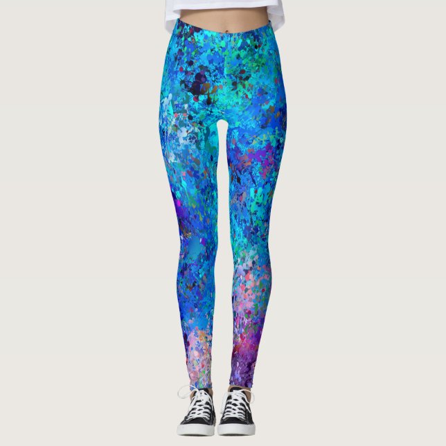 Blue Pink Teal Drops Abstraction  Leggings (Front)