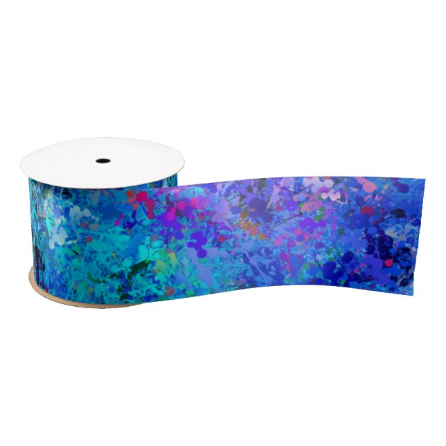 Blue Pink Teal Drops Abstraction Satin Ribbon (Spool)