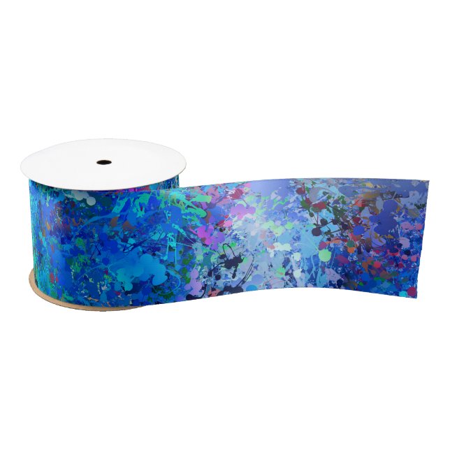 Blue Pink Teal Drops Splash Abstraction Satin Ribbon (Spool)