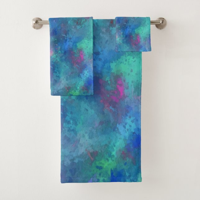 Blue Pink Teal Watercolor Abstraction Bath Towel Set (Insitu)