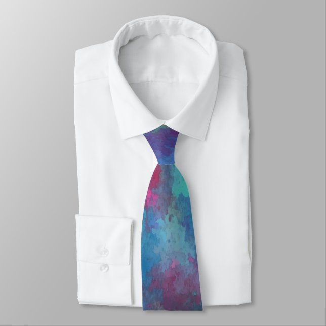 Blue Pink Teal Watercolor Abstraction Tie (Tied)
