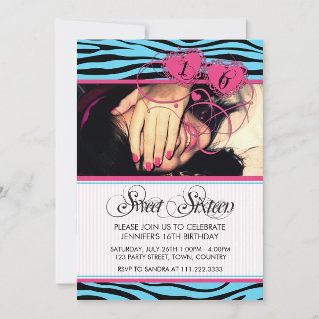 BLUE PINK TRENDY ZEBRA PRINT SWEET SIXTEEN INVITATION (Front)