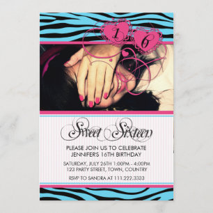 BLUE PINK TRENDY ZEBRA PRINT SWEET SIXTEEN INVITATION