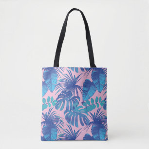 Blue Pink Tropical Palm Leaf  Tote Bag