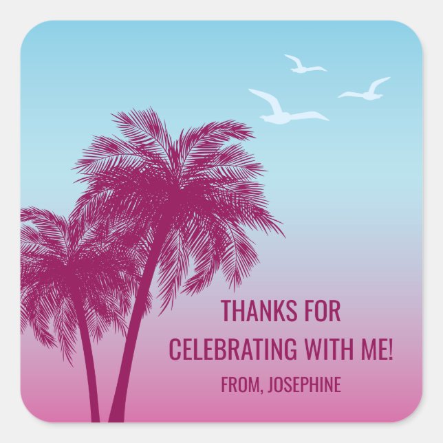 Blue Pink Tropical Palm Trees Birthday Thank You Square Sticker (Front)