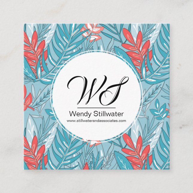 Blue & Pink Urban Jungle Leaves Business Card (Front)