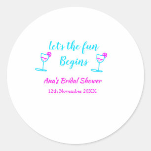 Blue pink vine glass bridal shower let's fun begin classic round sticker