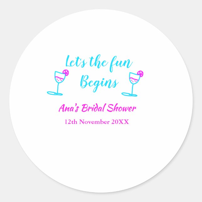 Blue pink vine glass bridal shower let's fun begin classic round sticker (Front)