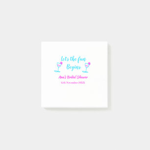 Blue pink vine glass bridal shower let's fun begin post-it notes