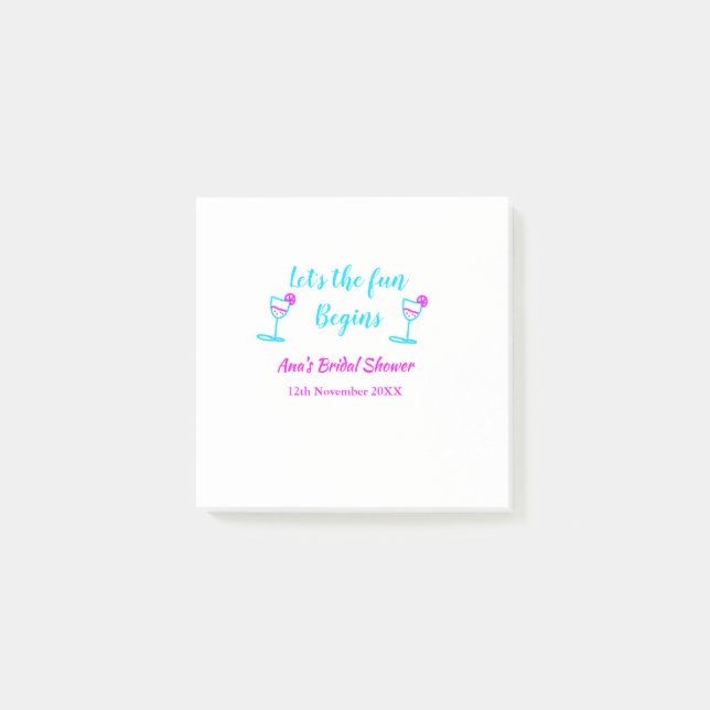 Blue pink vine glass bridal shower let's fun begin post-it notes (Front)