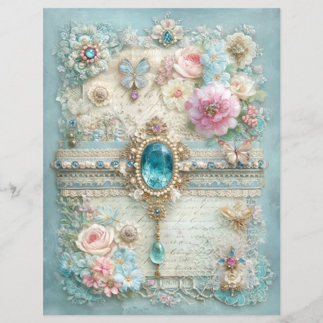 Blue Pink Vintage Junk Journal Scrapbook Paper (Front)
