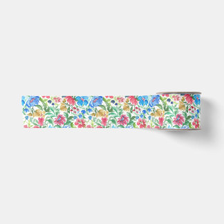 Blue Pink Watercolor Floral Garden Colourful Bloom Satin Ribbon