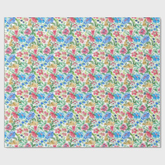 Blue Pink Watercolor Floral Garden Colourful Bloom Wrapping Paper