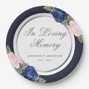 Blue Pink Watercolor Floral Memorial Funeral Paper Plate