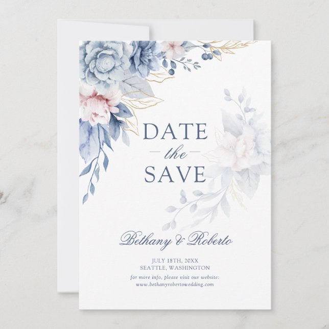 Blue & Pink Watercolor Floral Photo Save the Date  (Front)