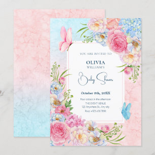 Blue pink watercolor flowers baby shower invitation