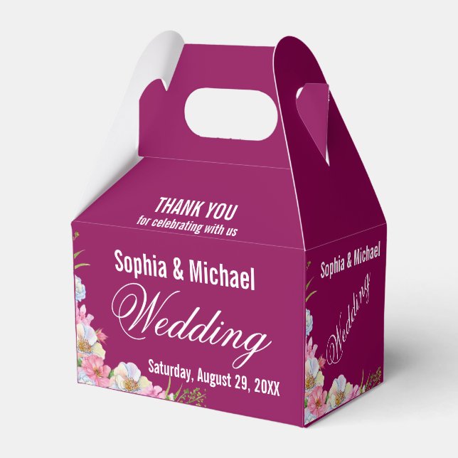 Blue Pink Watercolor Flowers Wedding  Favour Box (Front Side)