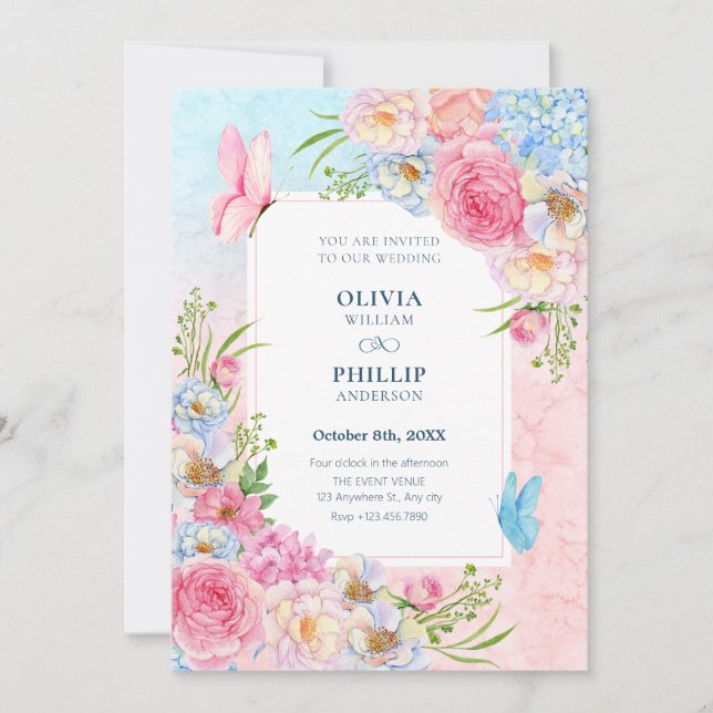 Blue pink watercolor flowers wedding invitation (Front)