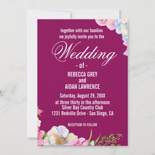 Blue Pink Watercolor Flowers Wedding  Invitation (Front)