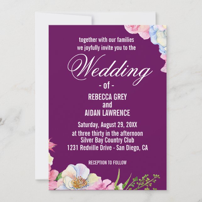 Blue Pink Watercolor Flowers Wedding  Invitation (Front)